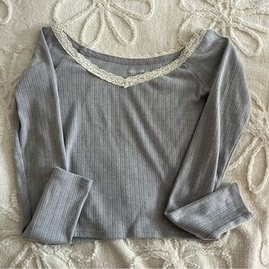 Hollister Light Gray Long Sleeve Top with Lace Detail